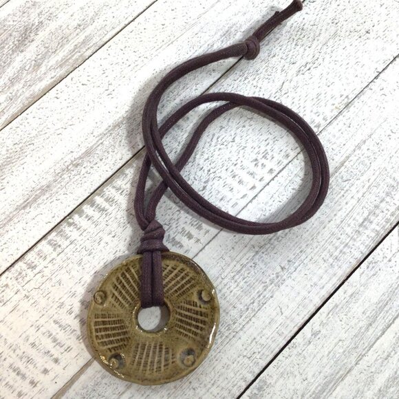 Handcrafted Ceramic Pendant Necklace With Rustic Brown Cord - Picture 2 of 5